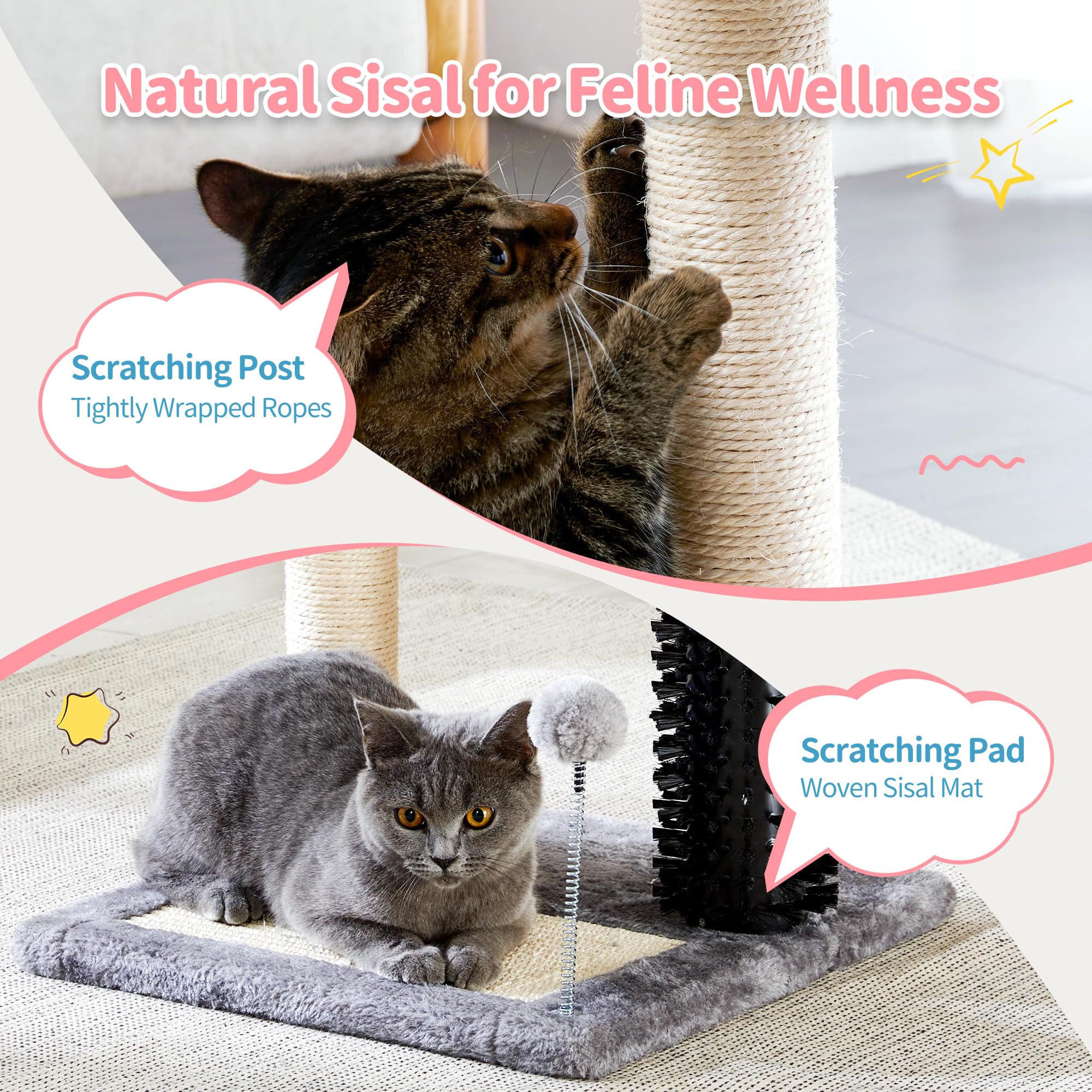Made4Pets Small Cat Tree Tower, Cat Scratching Post 4-In-1 With Self Groomer Brush, 20'' Tall Natural Sisal Cat Scratcher, Soft